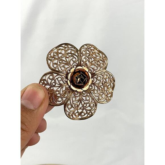 VTG 4x Brooch Pin Lot Filigree Amber Floral Prong 3D Gold Tone Bronze 1960s - Picture 8 of 16